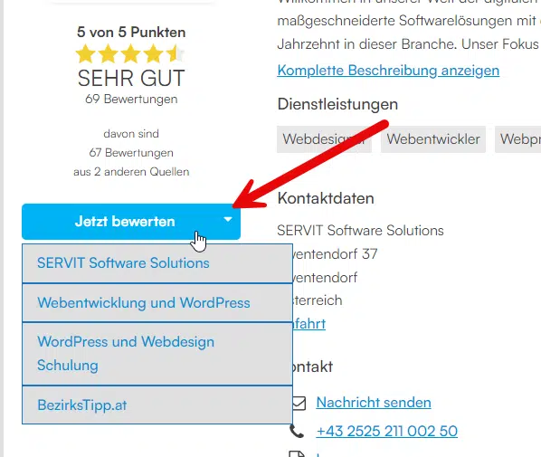 Bewertungsseite mit Dropdown-Menü